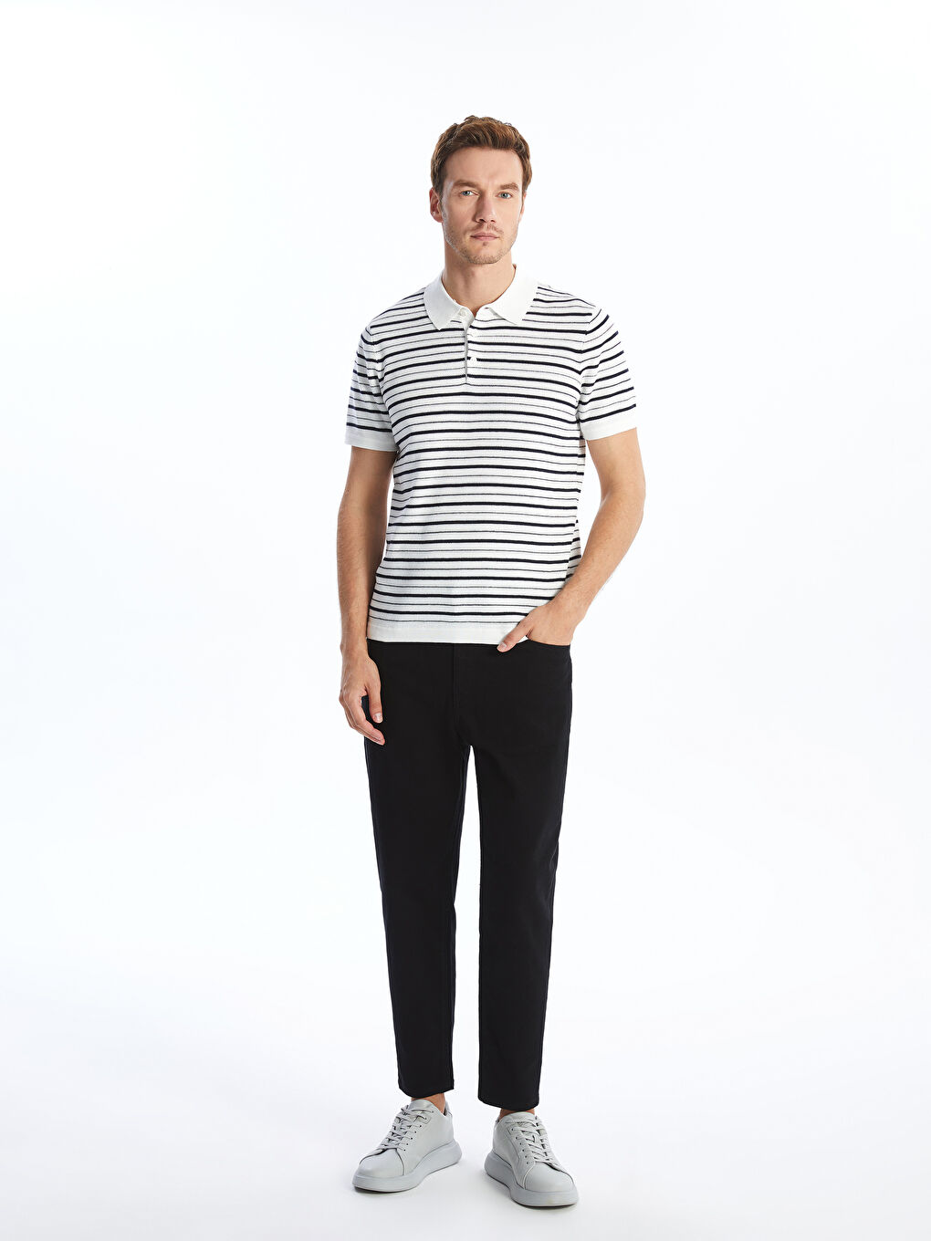 Polo Neck Short Sleeve Striped Men's Knitwear Sweater-3