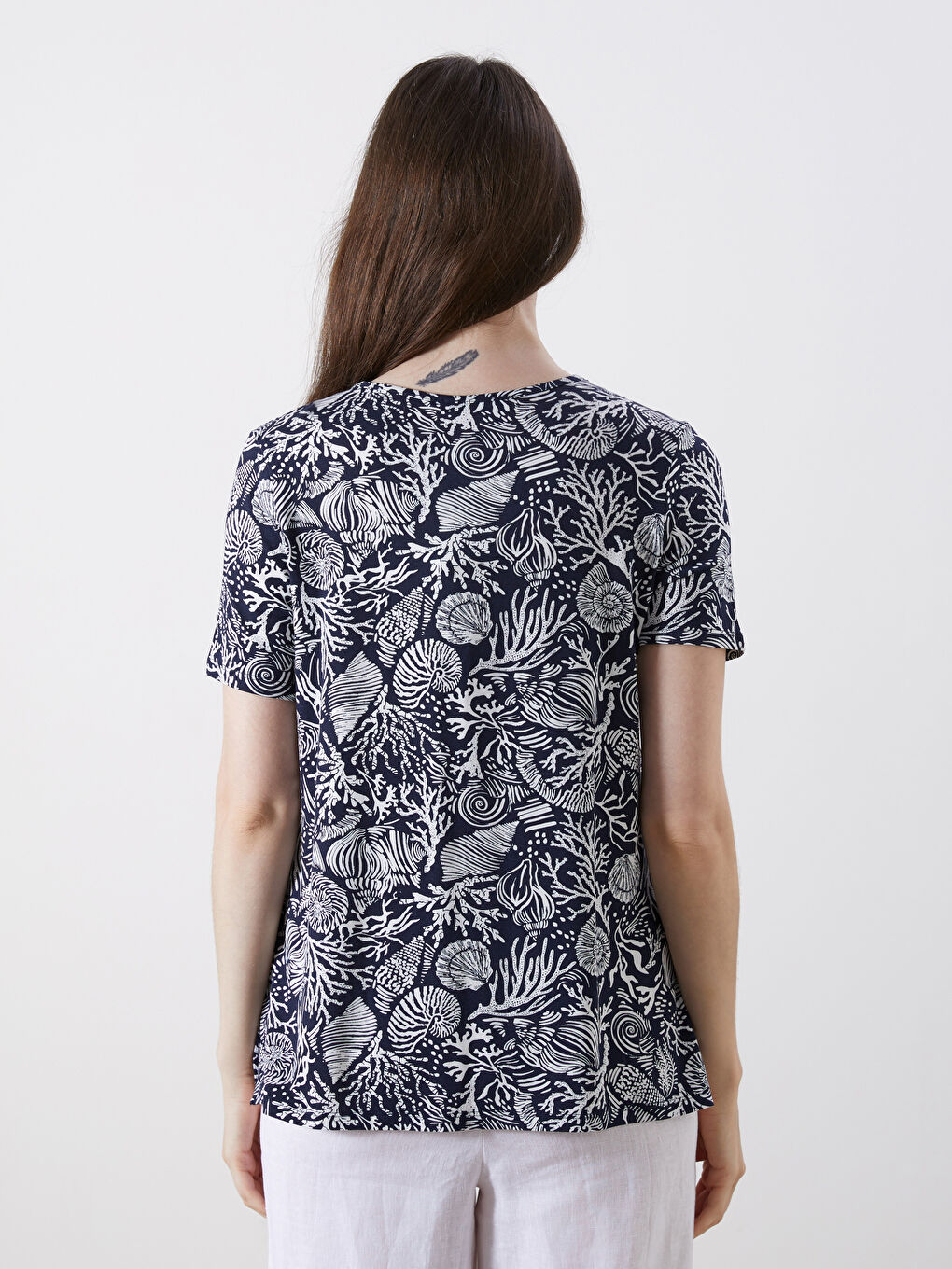 Lacivert V Yaka Desenli Bluz-3