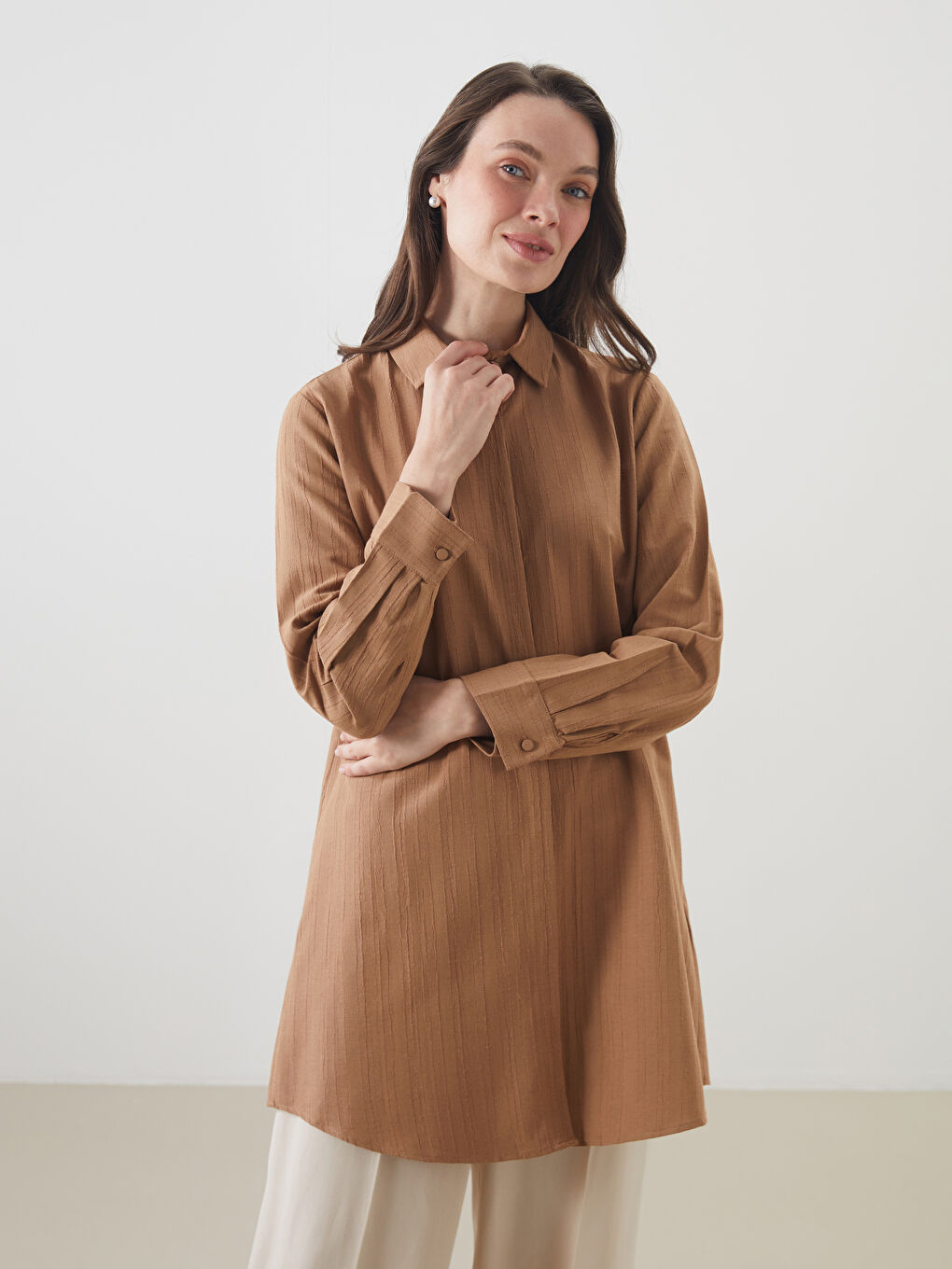 Kahverengi Keten Karışımlı Kadın Gömlek Tunik