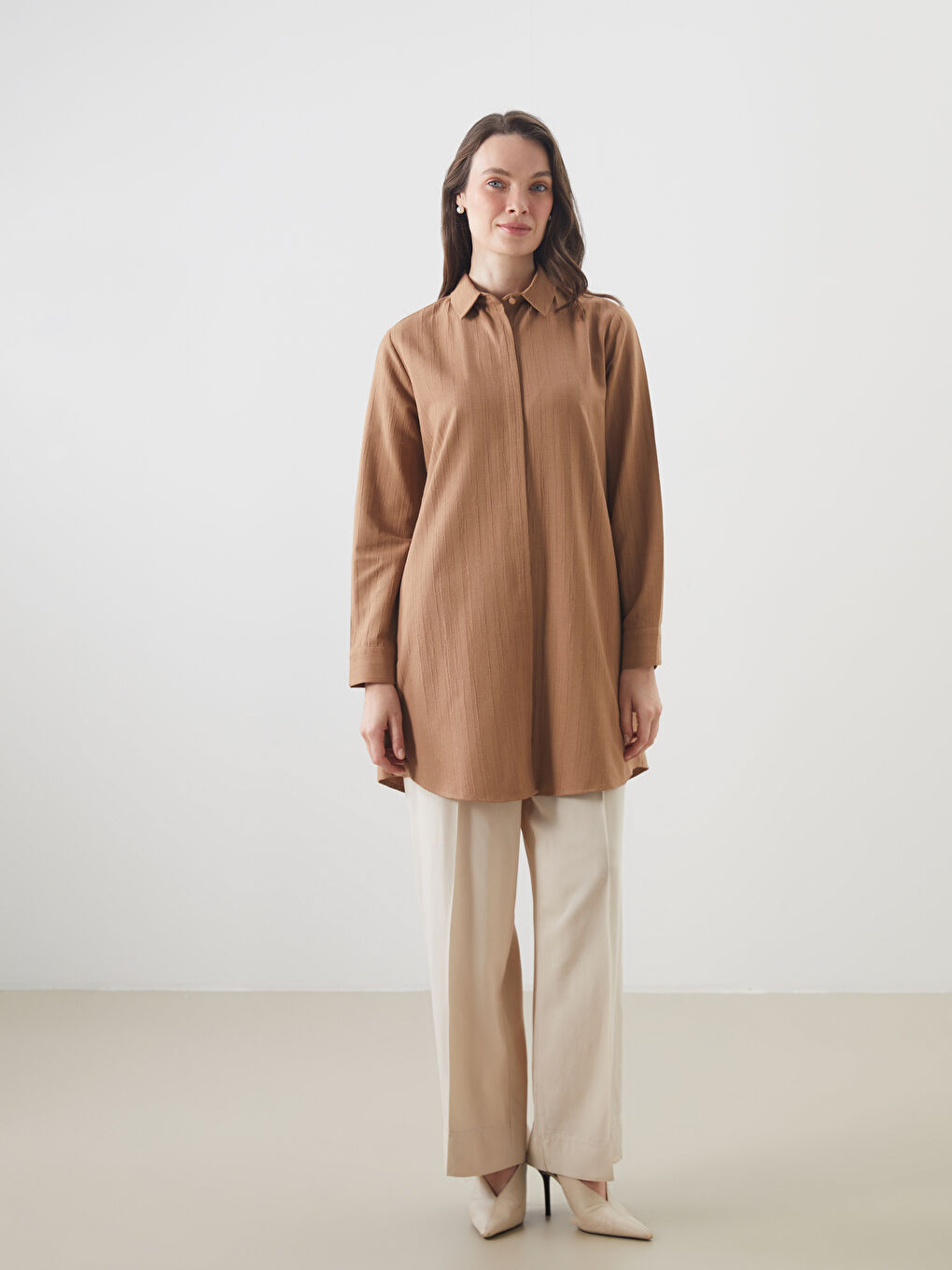 Kahverengi Keten Karışımlı Kadın Gömlek Tunik-1