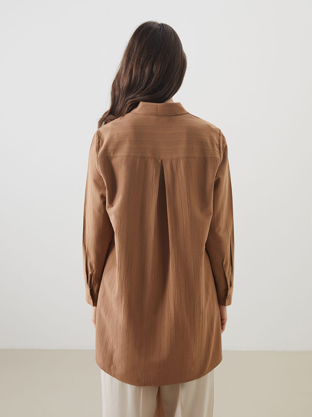 Kahverengi Keten Karışımlı Kadın Gömlek Tunik-3