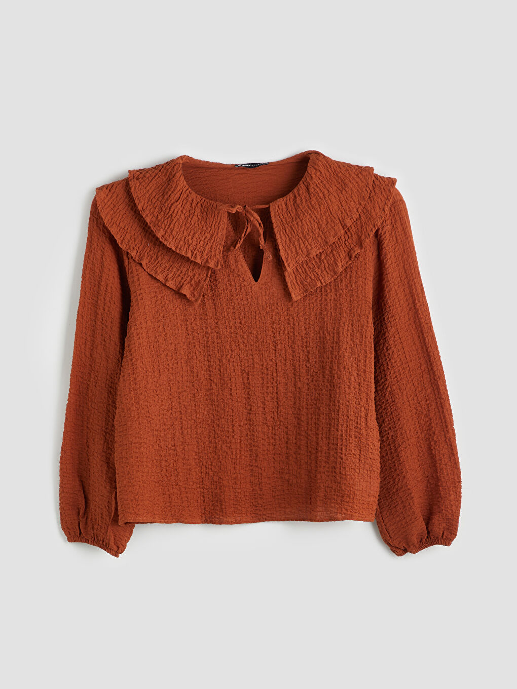 Kahverengi Bağlamalı Yaka Dokulu Bluz-4