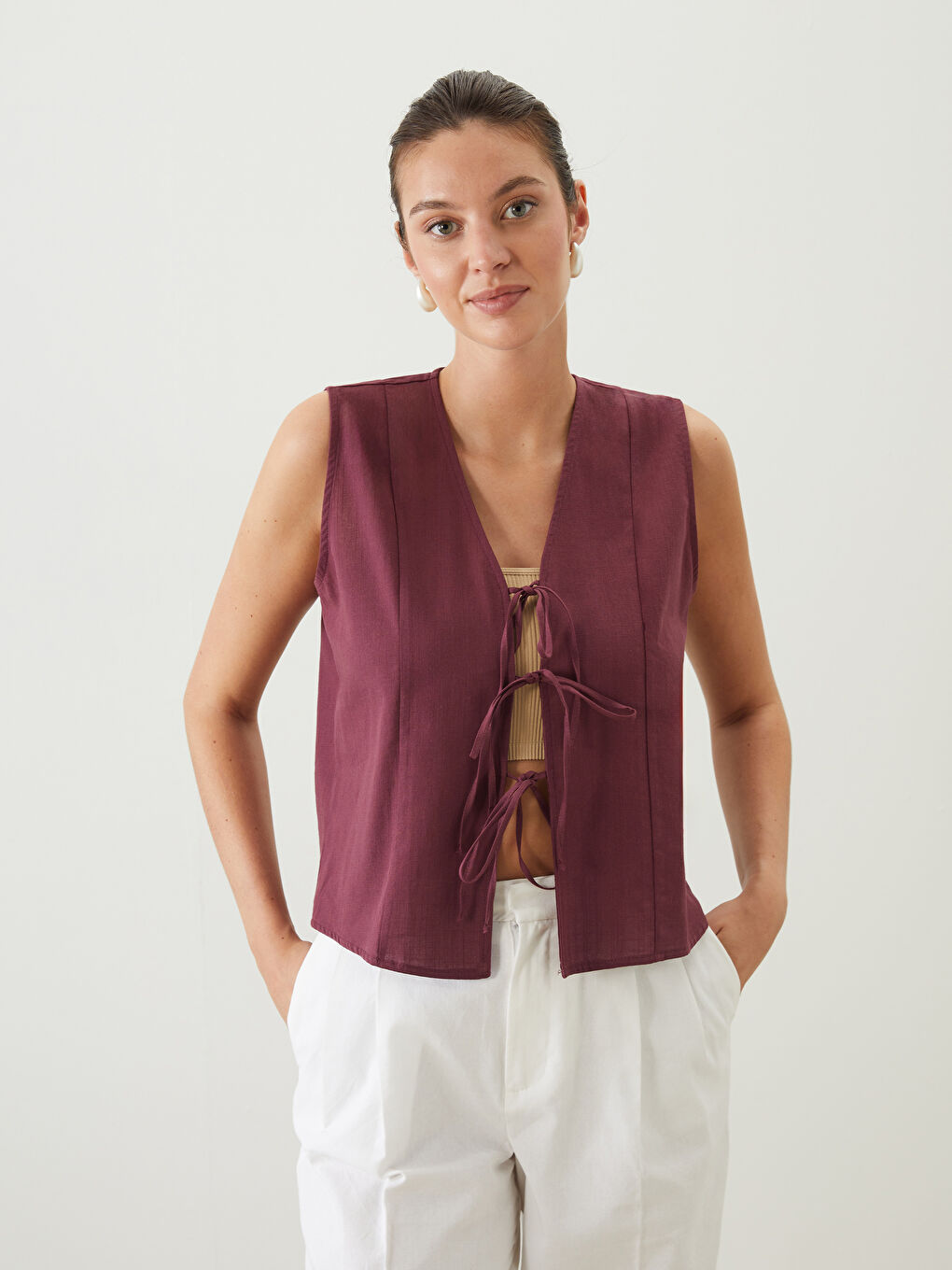 Kahverengi V Yaka Bağlamalı Bluz