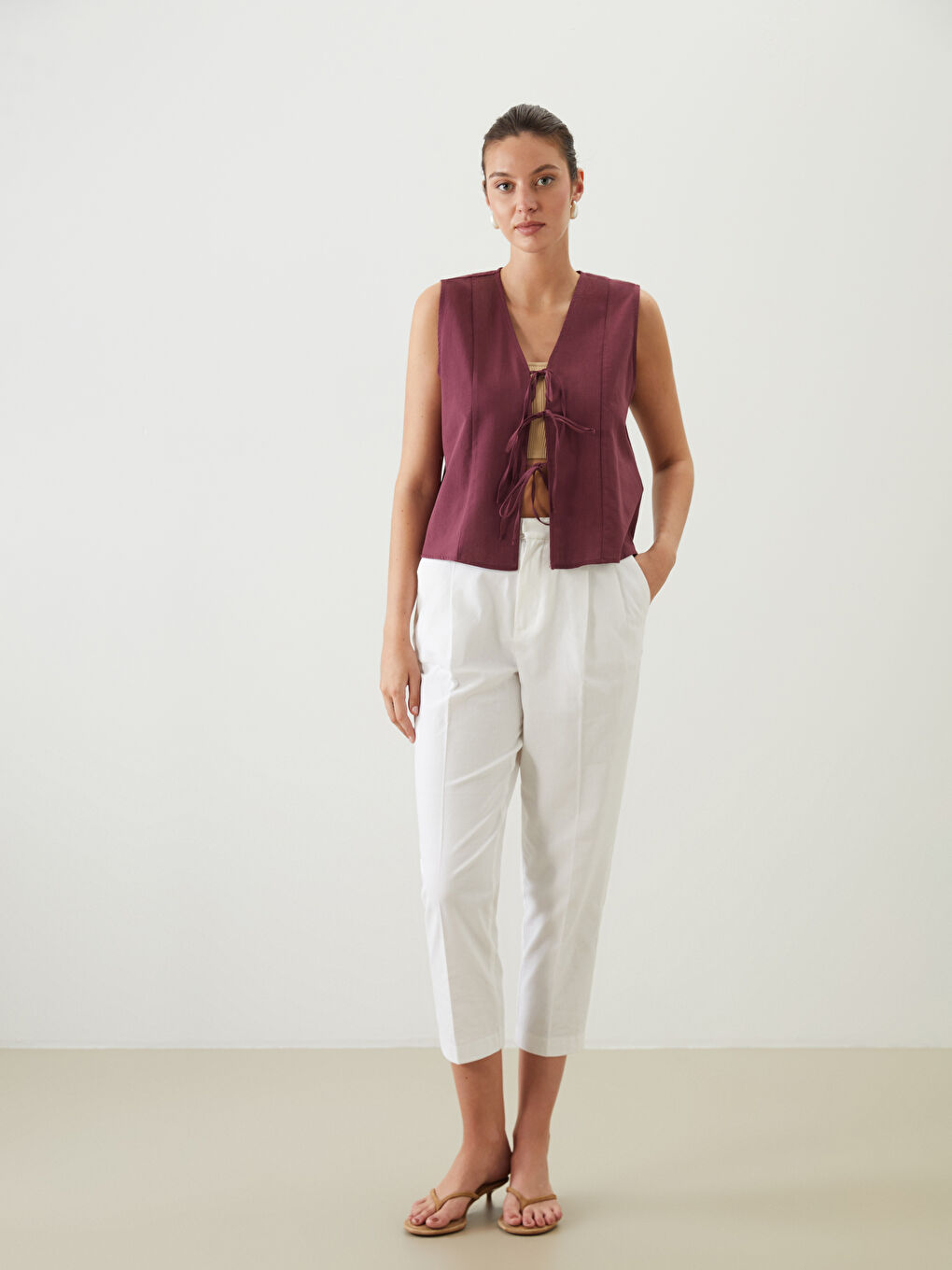 Kahverengi V Yaka Bağlamalı Bluz-1