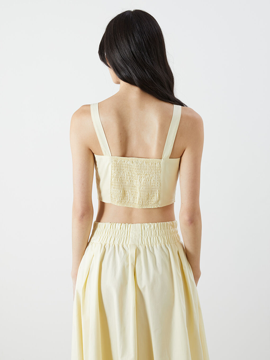 Sarı Kare Yaka Askılı Poplin Crop-3