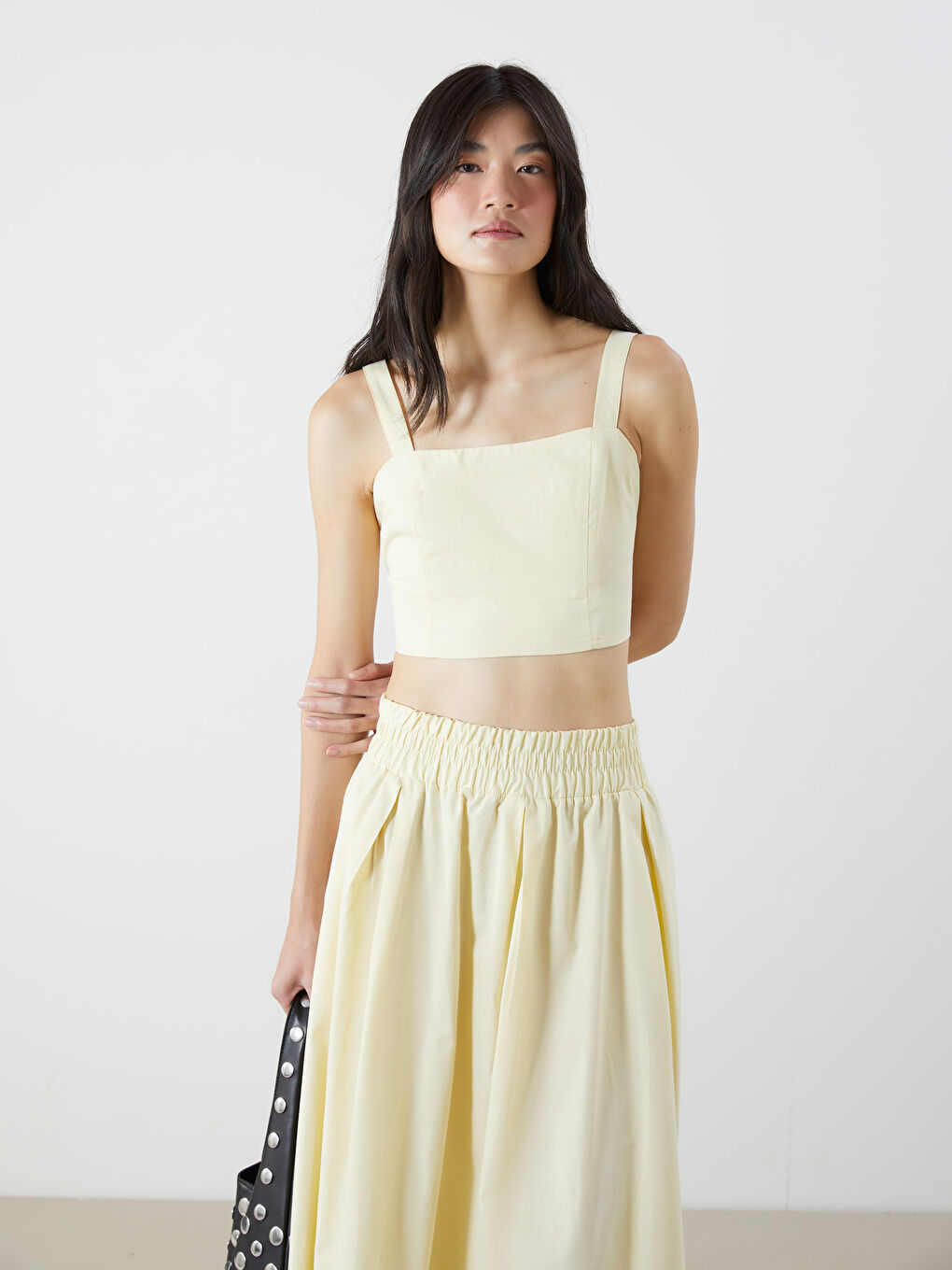 Sarı Kare Yaka Askılı Poplin Crop