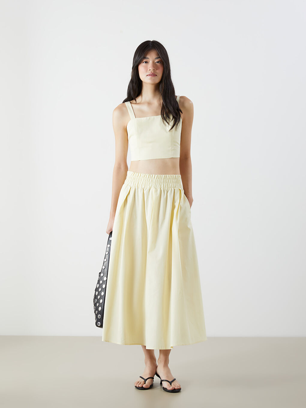 Sarı Kare Yaka Askılı Poplin Crop-1