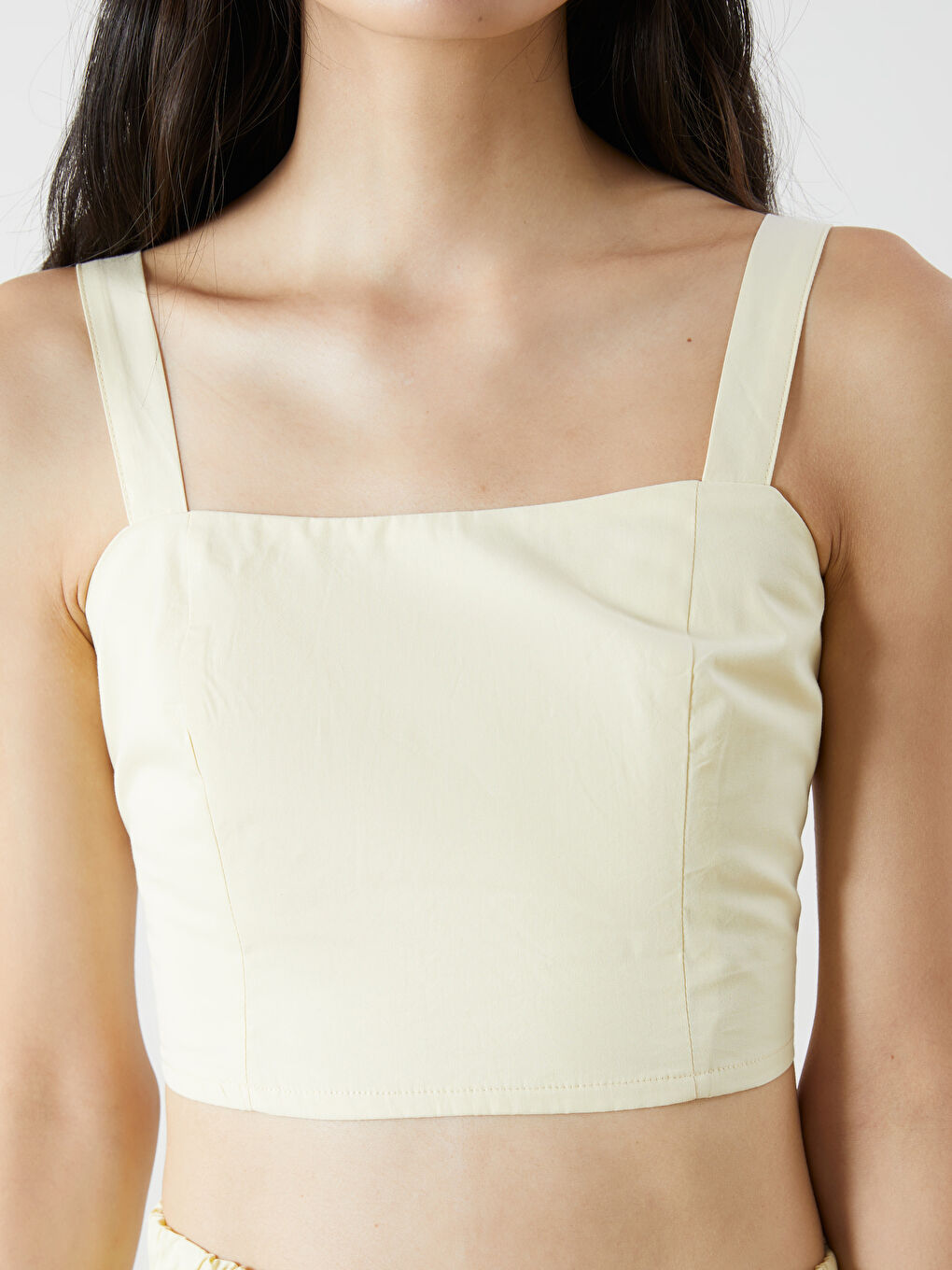 Sarı Kare Yaka Askılı Poplin Crop-2