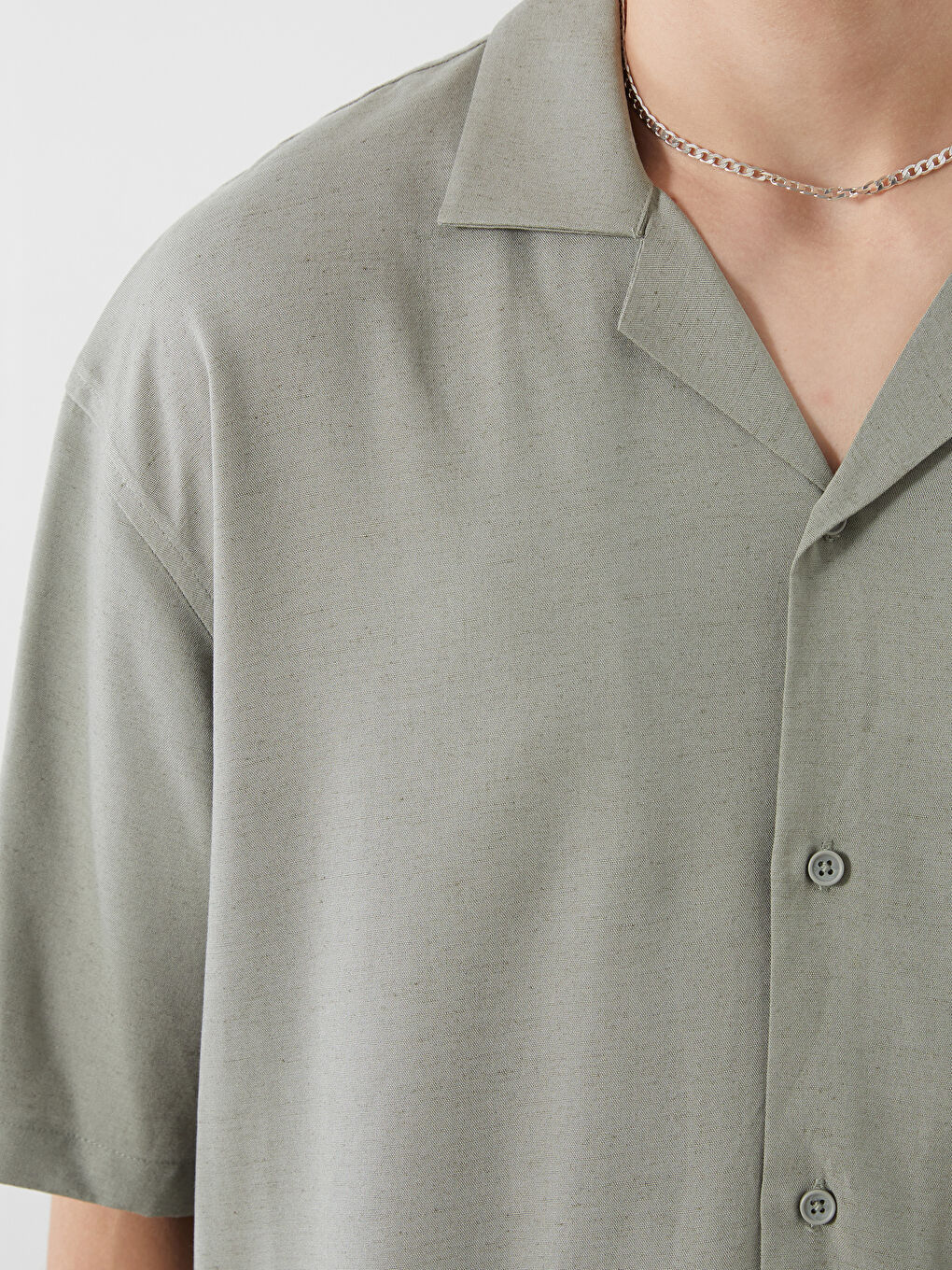 Yeşil Rahat Kalıp Resort Yaka Kısa Kollu Keten Karışımlı Erkek Gömlek-5