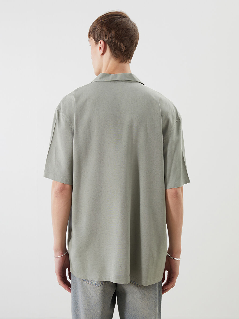Yeşil Rahat Kalıp Resort Yaka Kısa Kollu Keten Karışımlı Erkek Gömlek-7