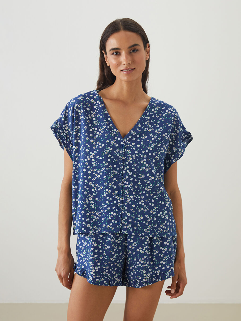 V Neck Floral Women's Shortie Pyjama Set -S5Q613Z8-LSJ