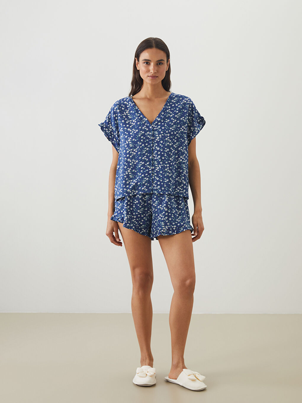 V Neck Floral Women's Shortie Pyjama Set -S5Q613Z8-LSJ