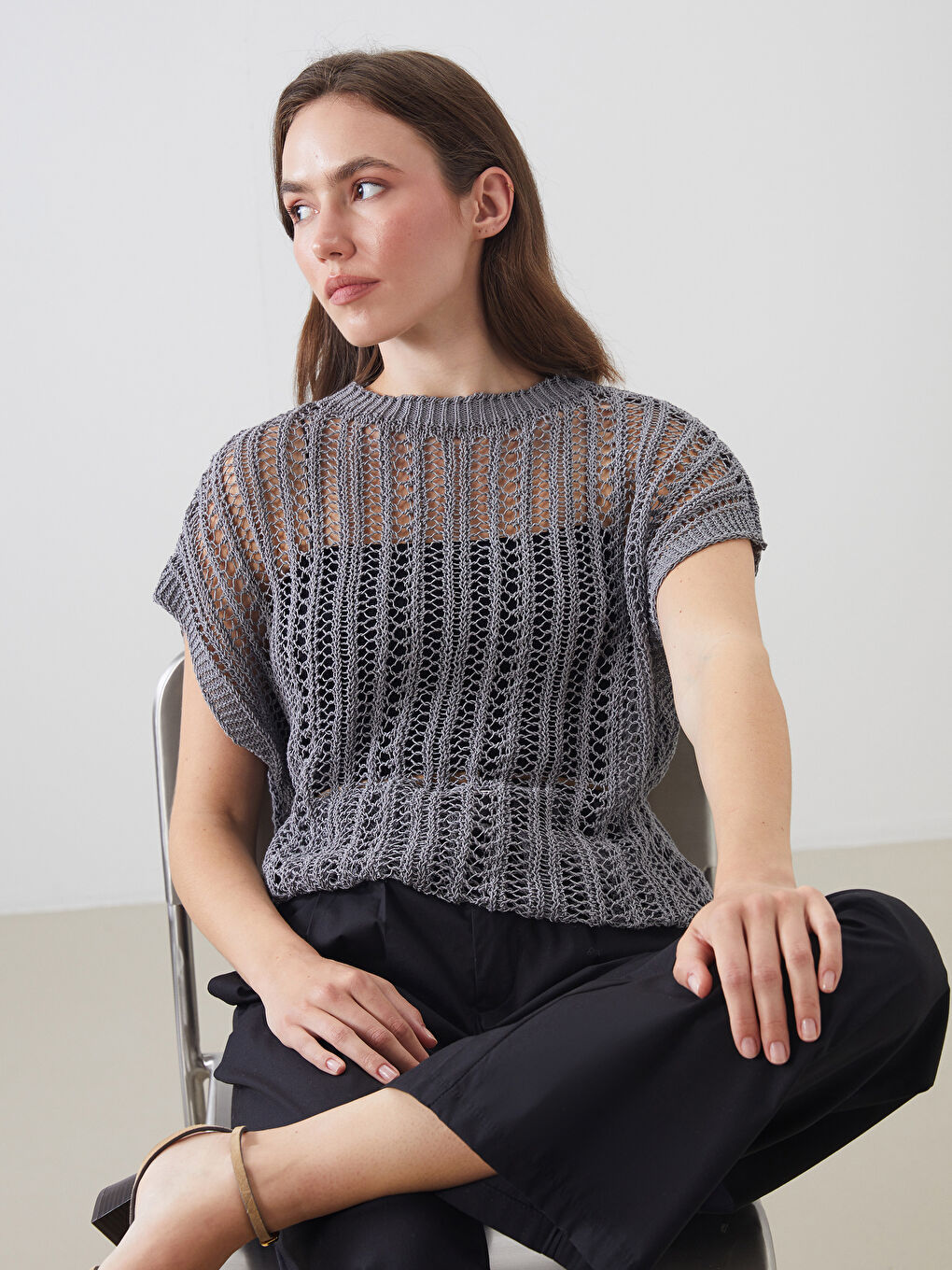 Crew Neck Hole-Knitted Women's Knitwear Sweater Vest -S5Q636Z8-CTK