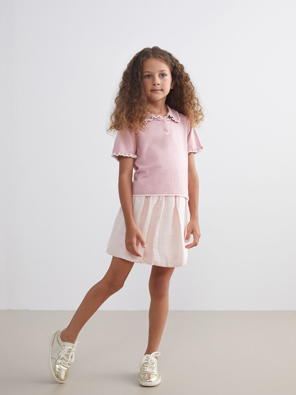 Pembe Polo Yaka Kız Çocuk Tişört-1