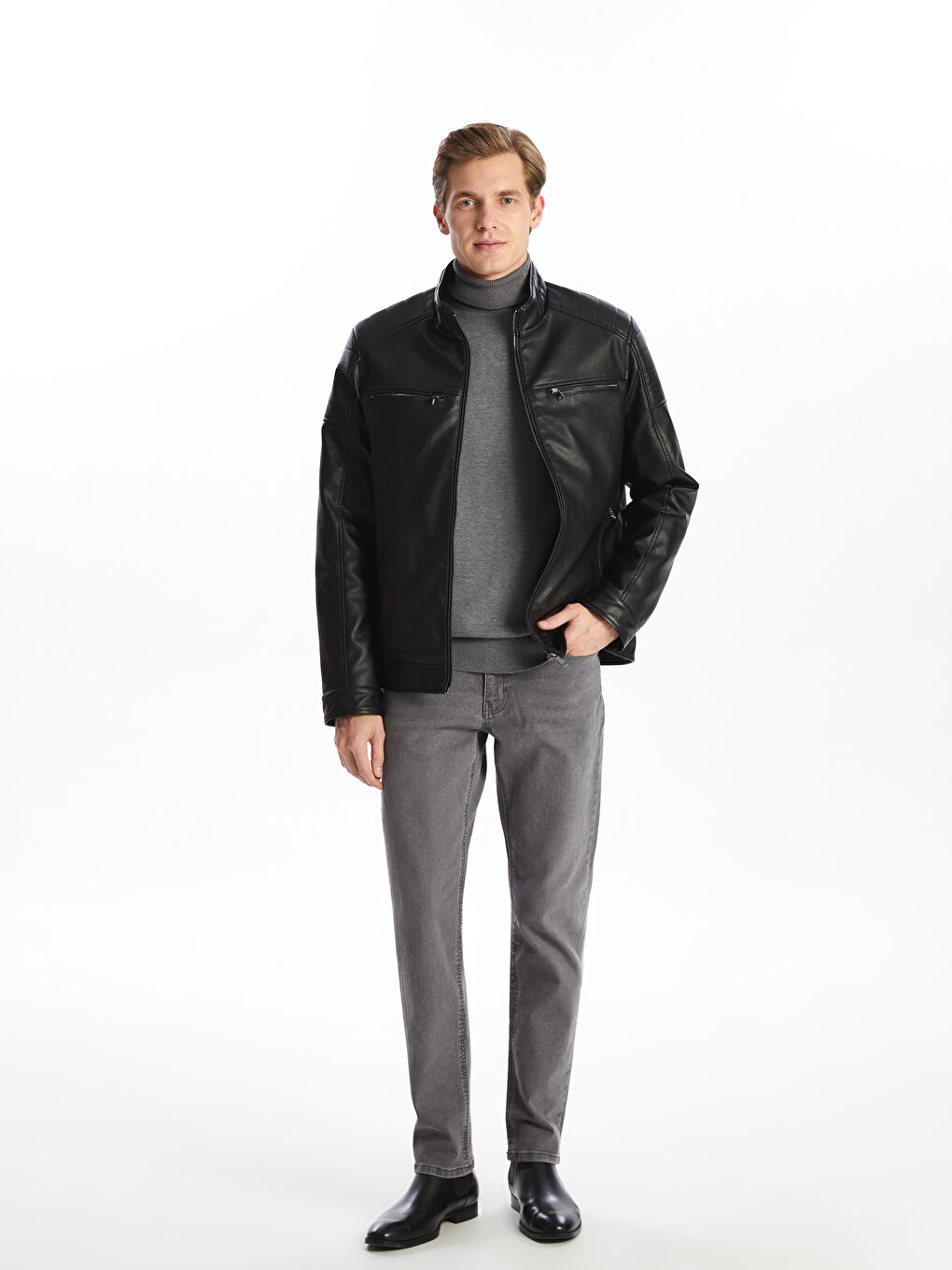 Siyah Standart Kalıp Dik Yaka Erkek Deri Görünümlü Mont-3