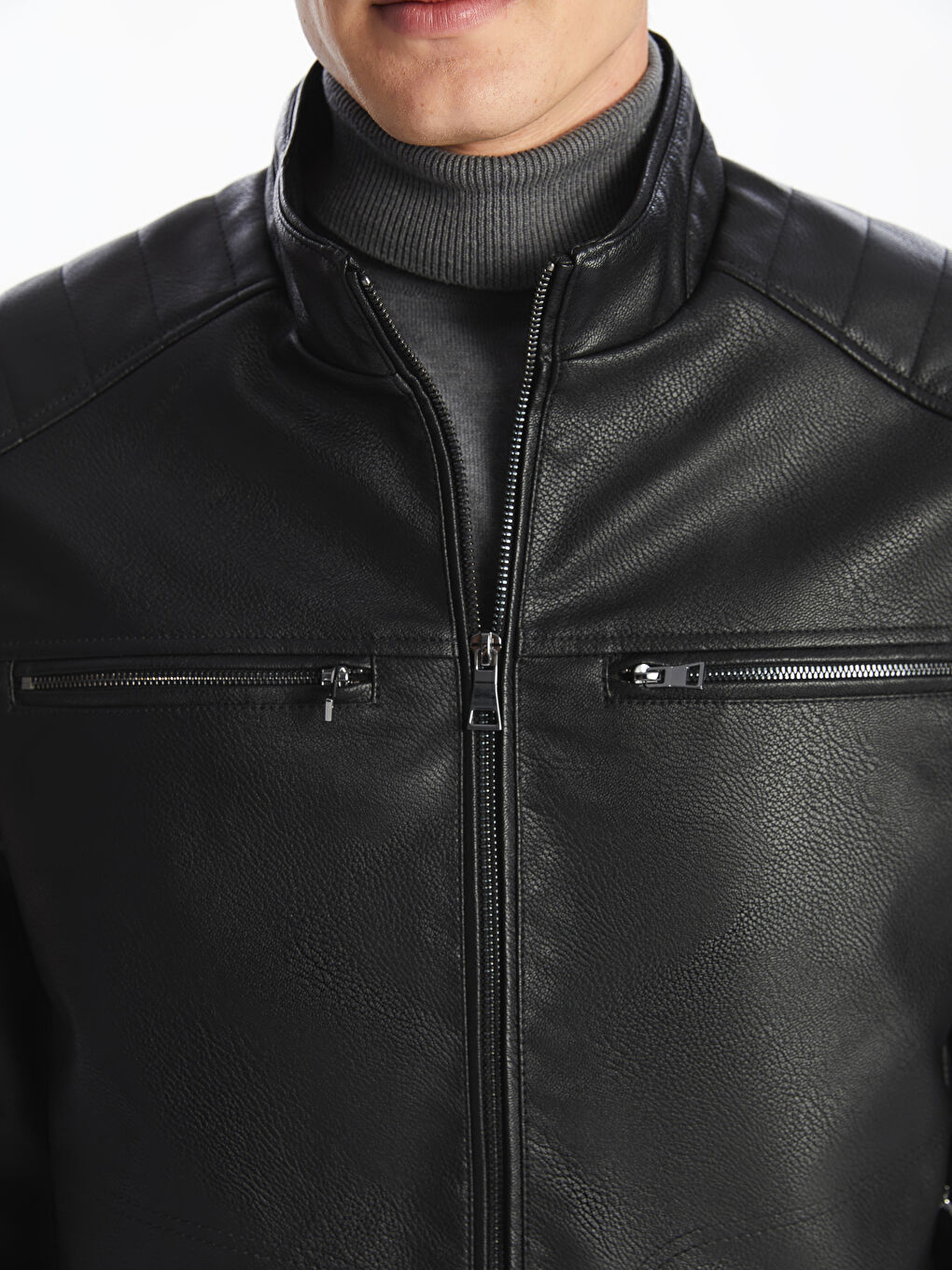 Siyah Standart Kalıp Dik Yaka Erkek Deri Görünümlü Mont-5