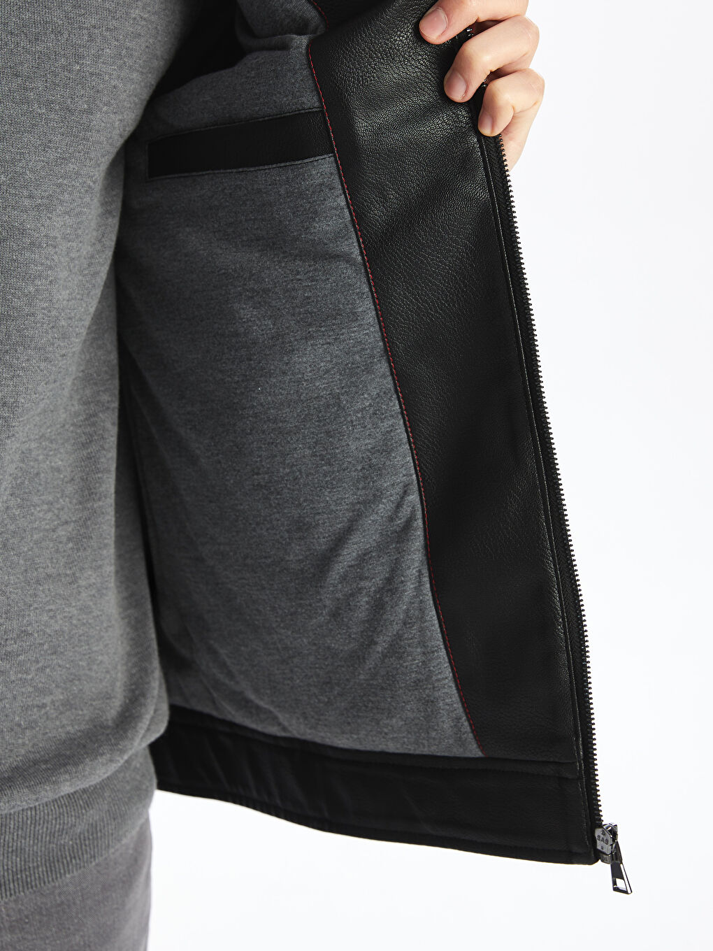 Siyah Standart Kalıp Dik Yaka Erkek Deri Görünümlü Mont-7