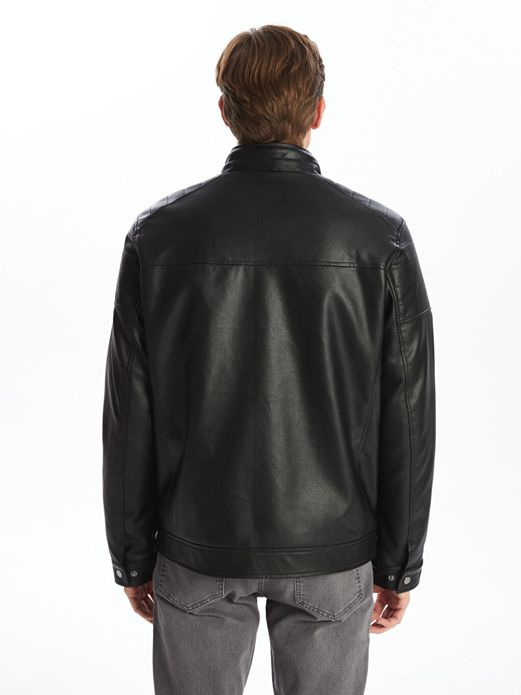 Siyah Standart Kalıp Dik Yaka Erkek Deri Görünümlü Mont-9