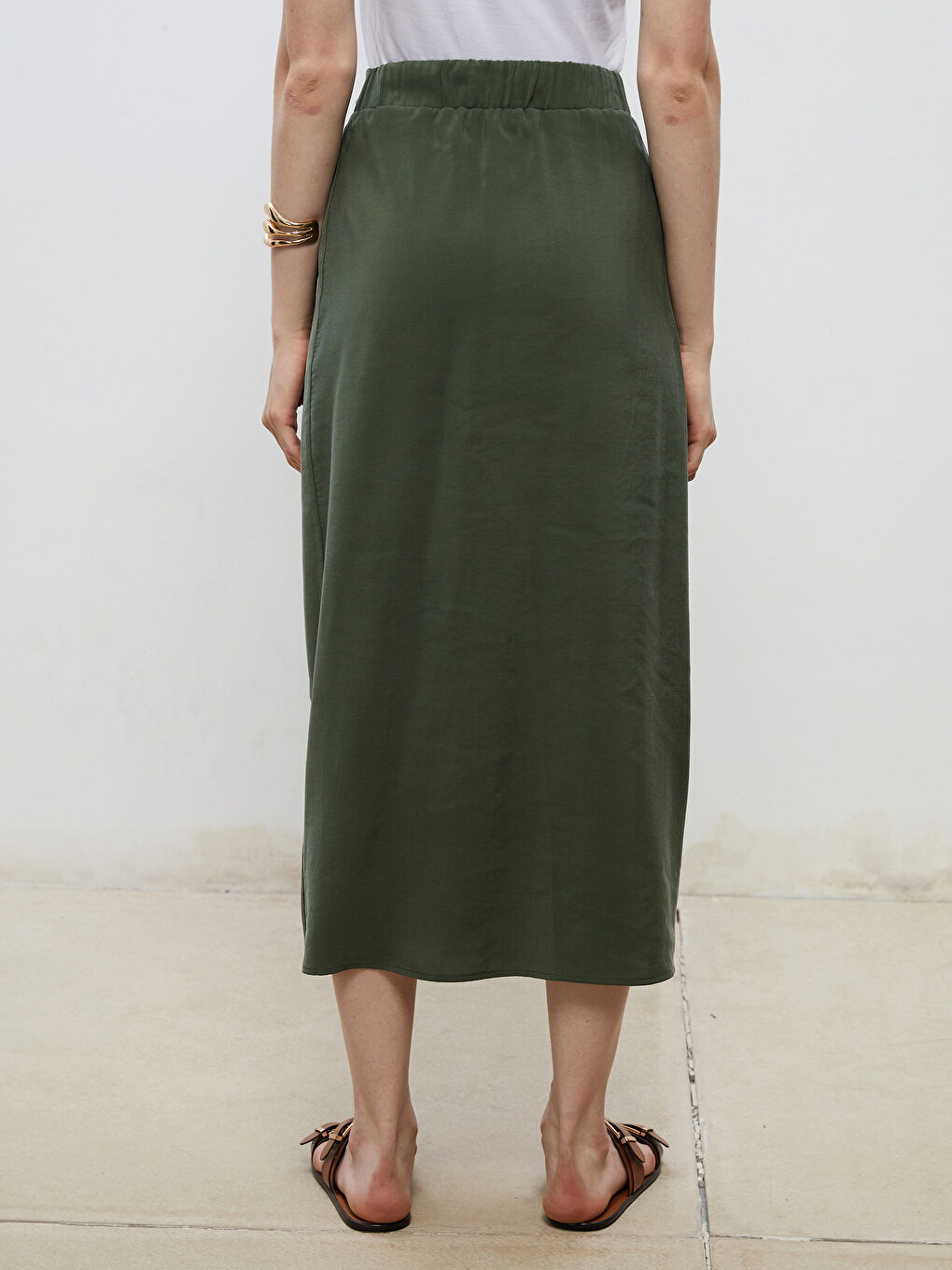 Haki Beli Lastikli Modal Dokulu Bağlamalı Etek-3