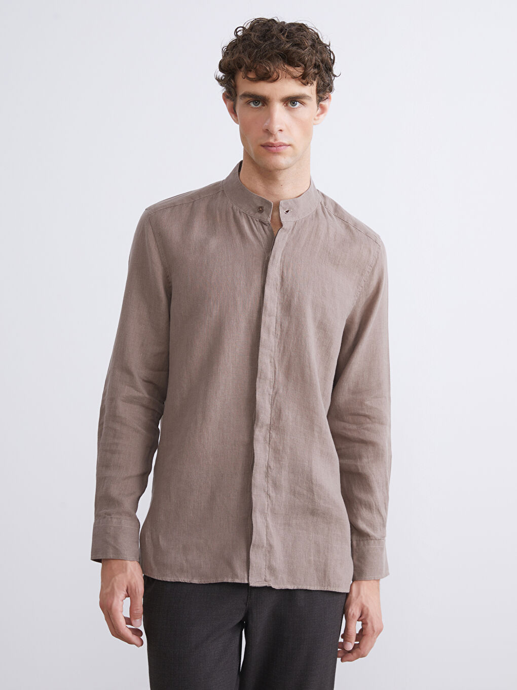 Kahverengi Regular Fit Uzun Kollu %100 Keten Erkek Gömlek