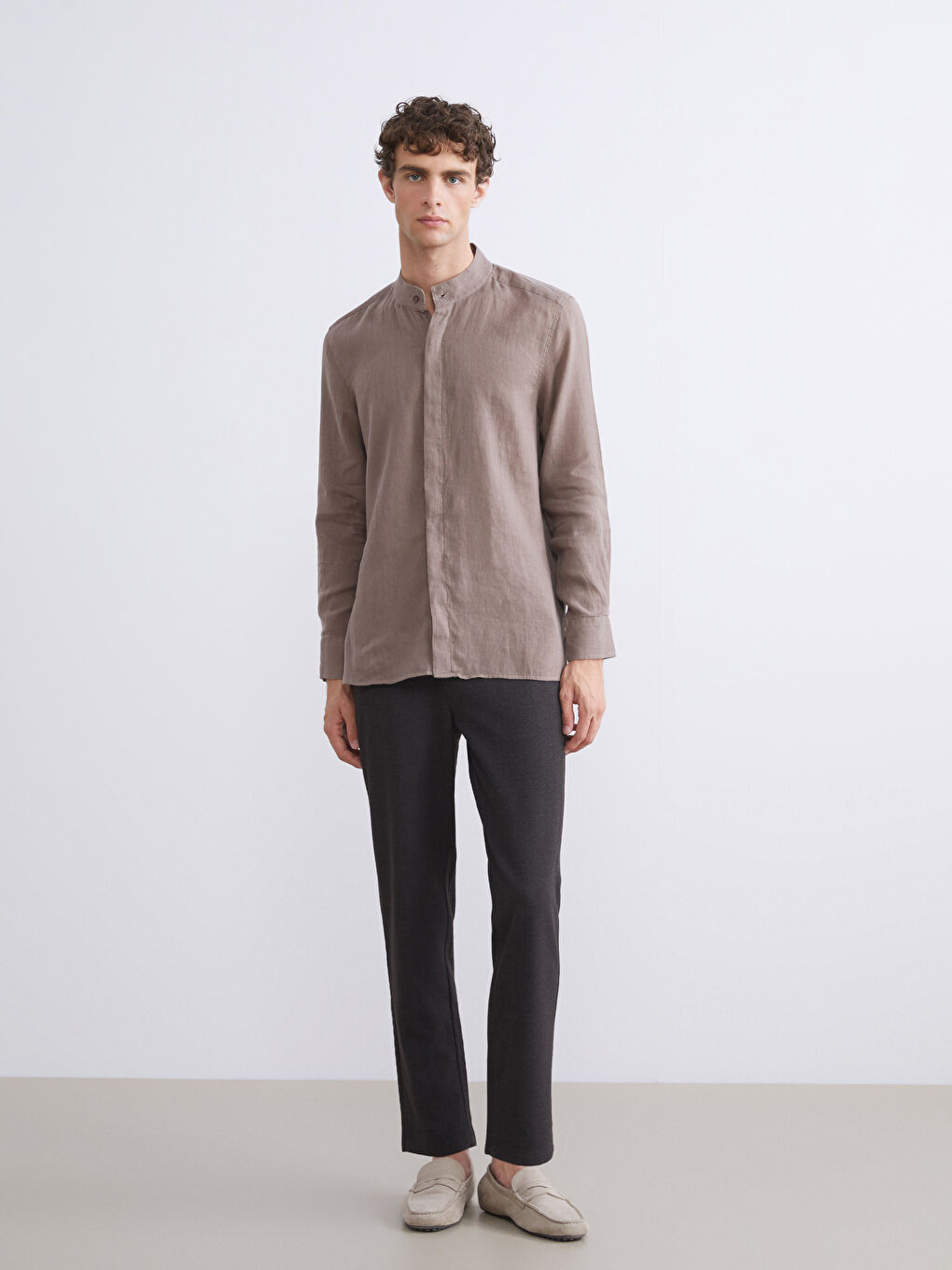 Kahverengi Regular Fit Uzun Kollu %100 Keten Erkek Gömlek-1