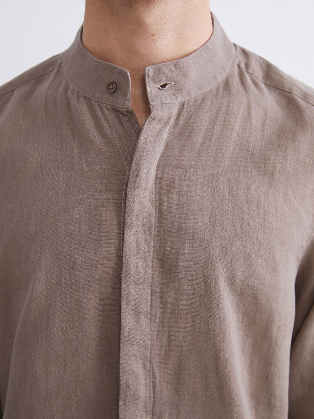 Kahverengi Regular Fit Uzun Kollu %100 Keten Erkek Gömlek-2