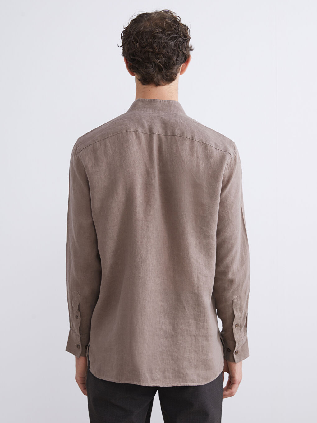 Kahverengi Regular Fit Uzun Kollu %100 Keten Erkek Gömlek-3