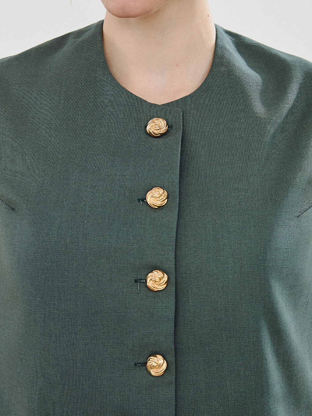 Haki Bisiklet Yaka Keten Görünümlü Kadın Klasik Yelek-1