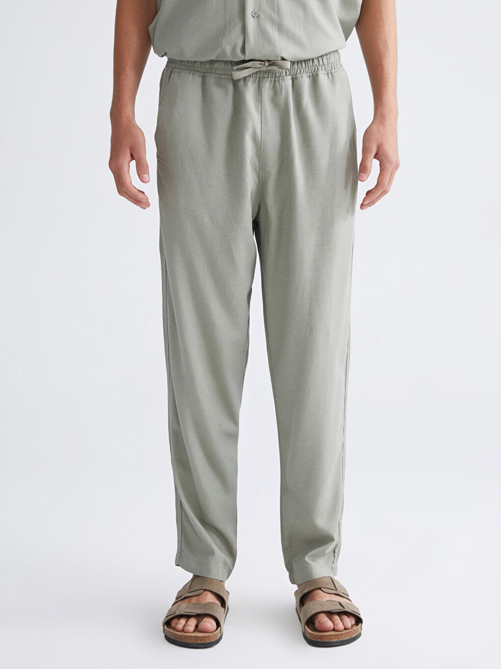 Yeşil Rahat Kalıp Keten Karışımlı Erkek Pantolon-1