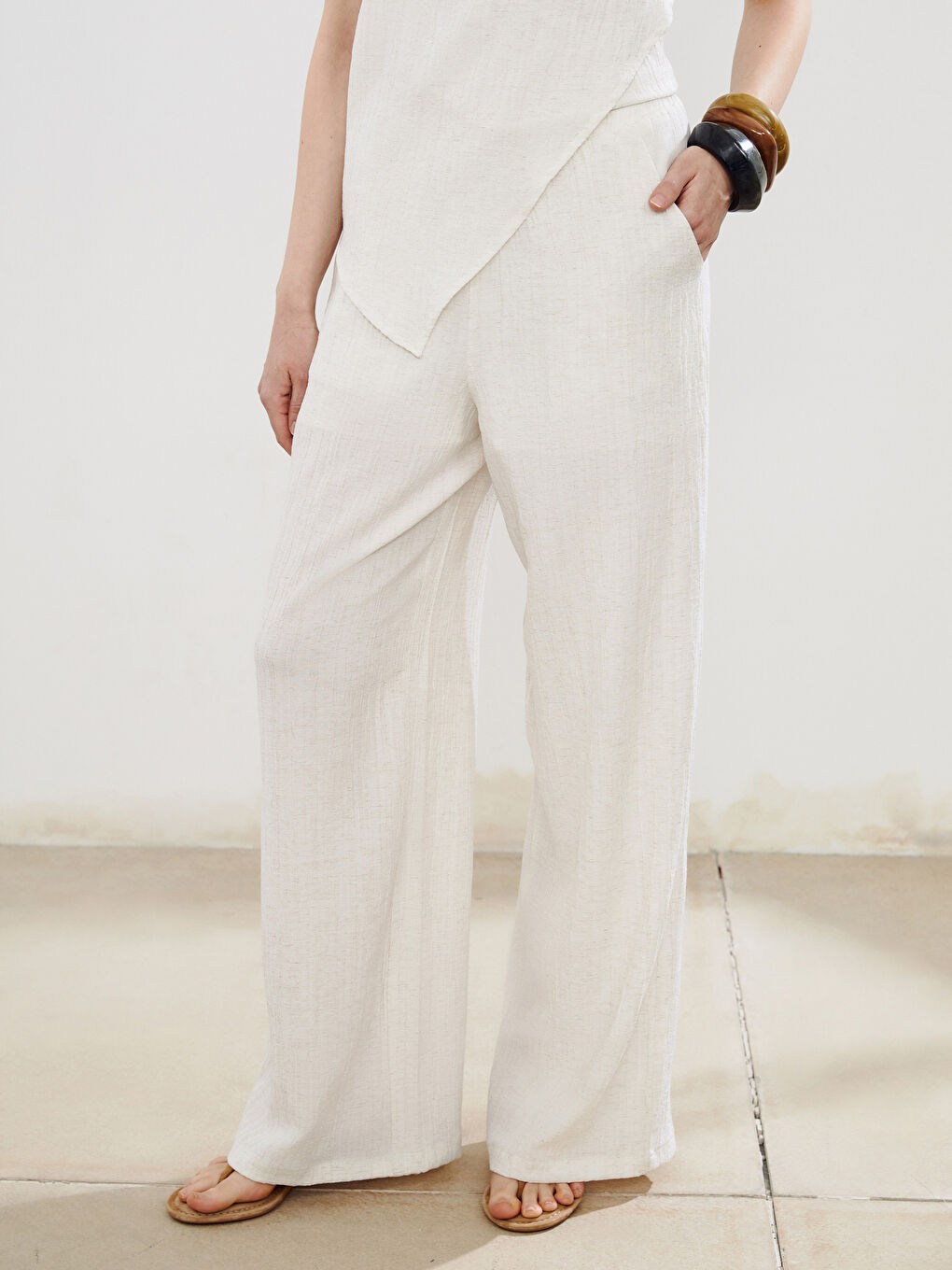 Ekru Beli Lastikli Keten Karışımlı Kadın Pantolon-1