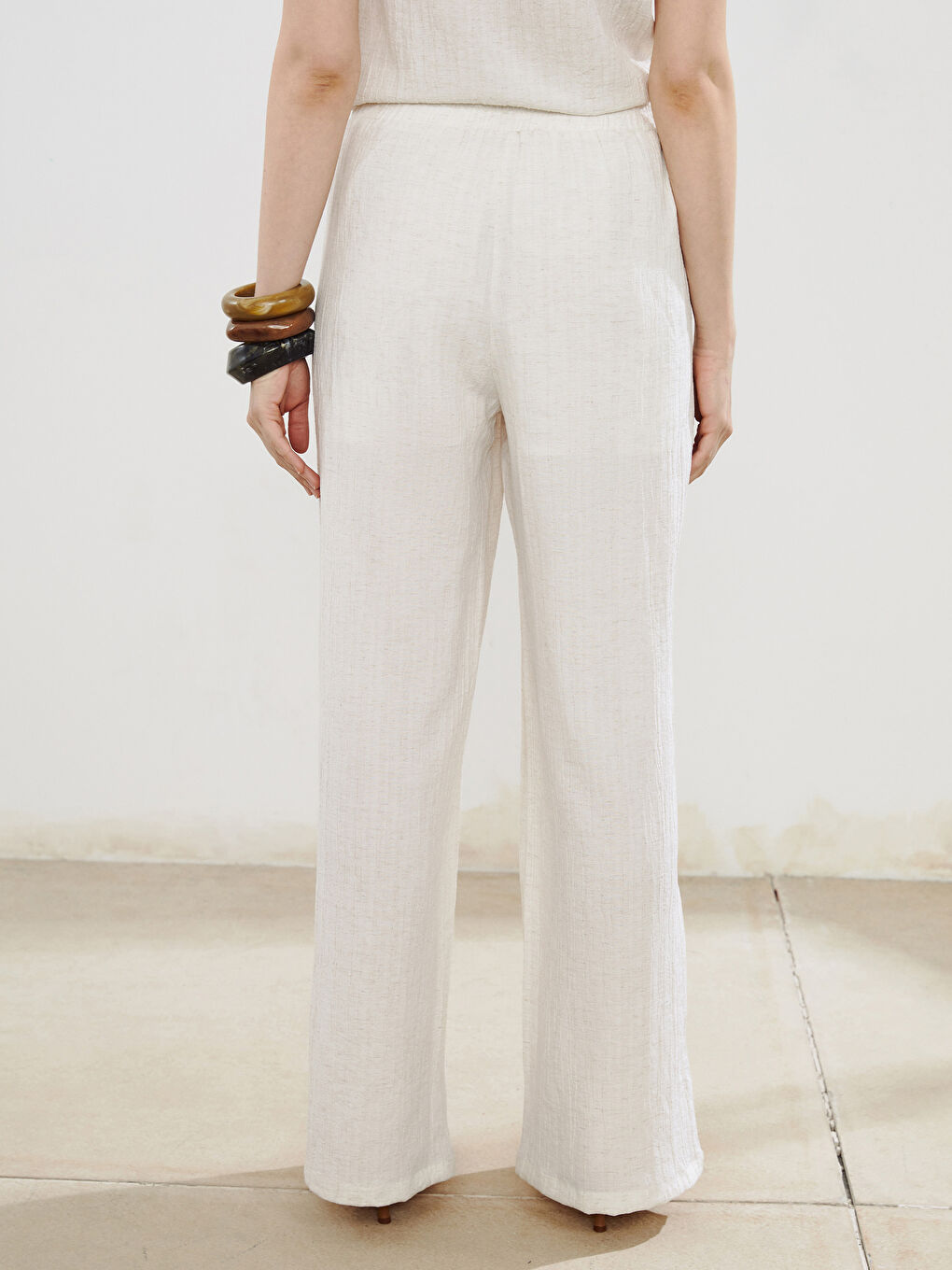 Ekru Beli Lastikli Keten Karışımlı Kadın Pantolon-3