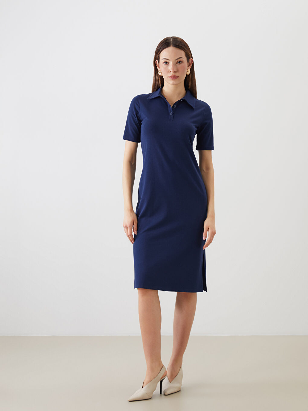 Lacivert Polo Yaka Yırtmaçlı Elbise-1