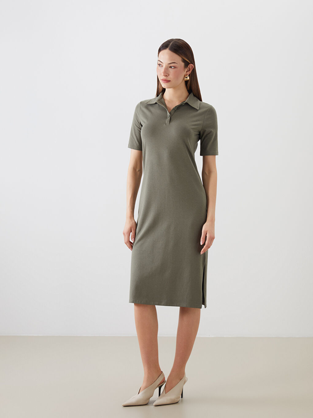 Haki Polo Yaka Yırtmaçlı Elbise-1