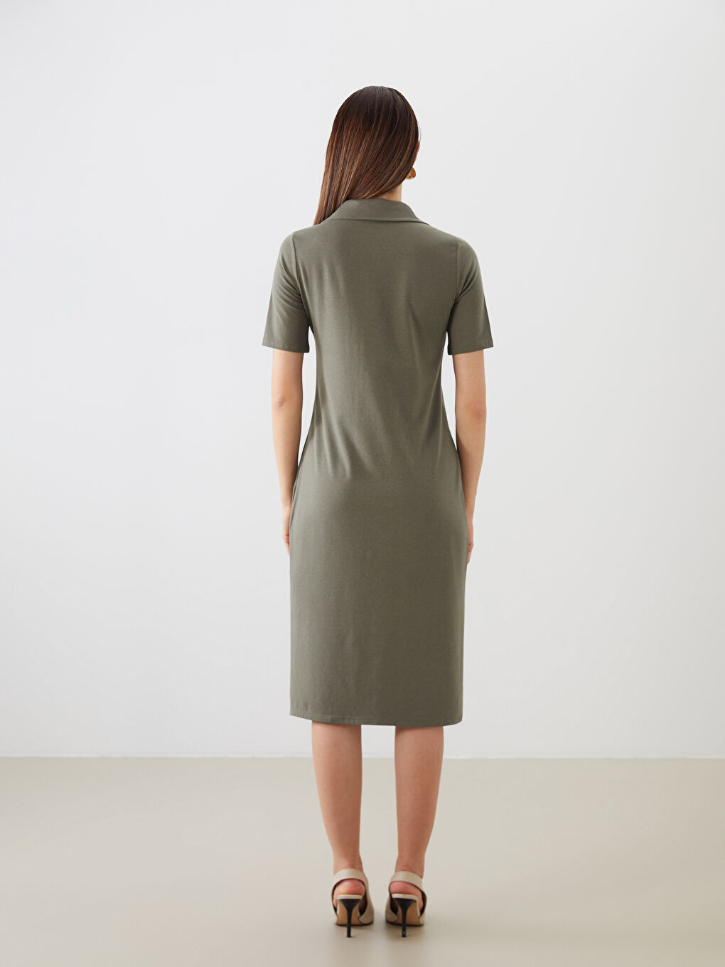 Haki Polo Yaka Yırtmaçlı Elbise-3