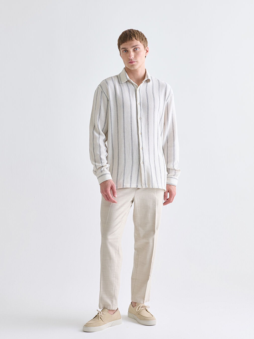 Ekru Regular Fit Uzun Kollu Çizgili Erkek Gömlek-1