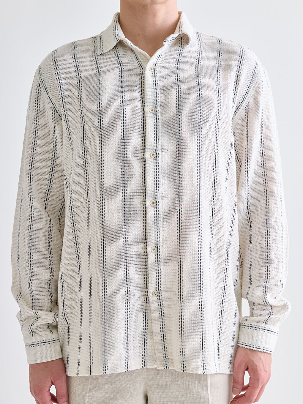 Ekru Regular Fit Uzun Kollu Çizgili Erkek Gömlek-2