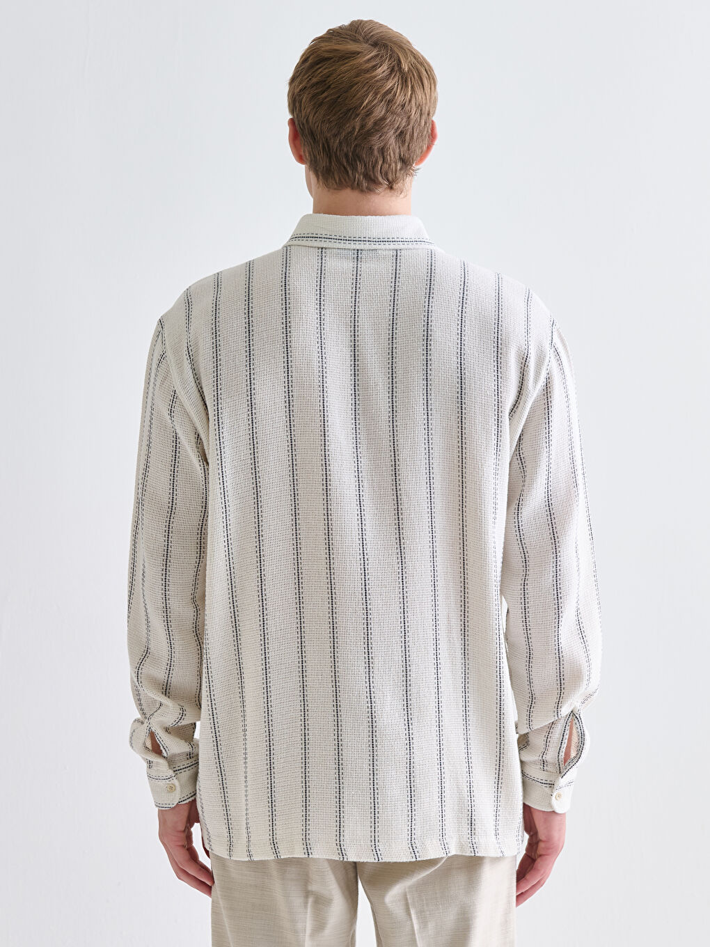 Ekru Regular Fit Uzun Kollu Çizgili Erkek Gömlek-3