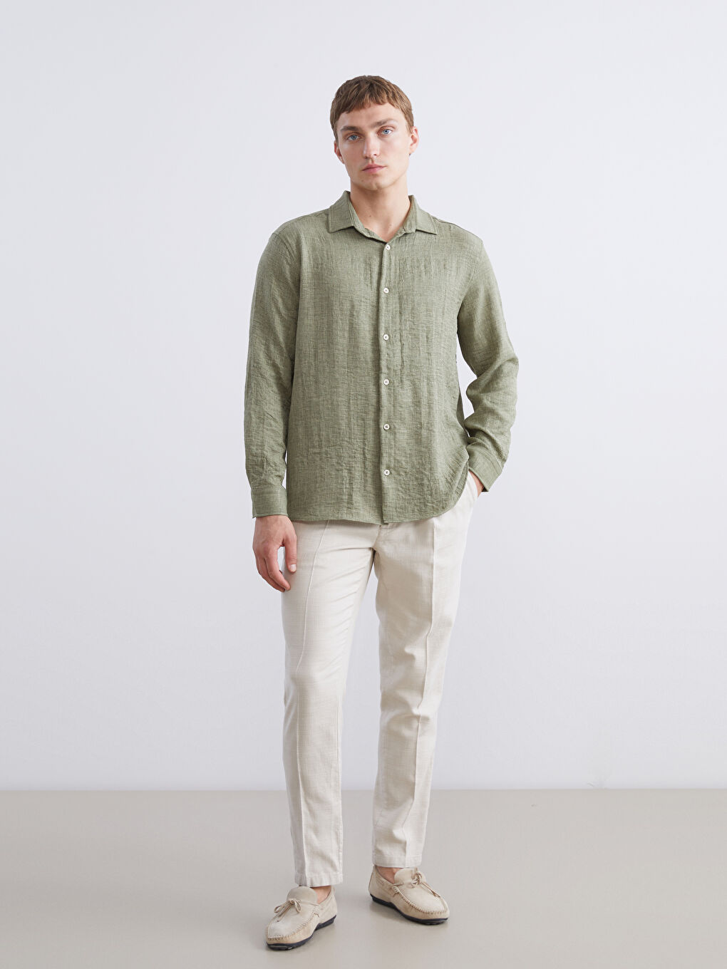 Yeşil Regular Fit Uzun Kollu Erkek Gömlek-1