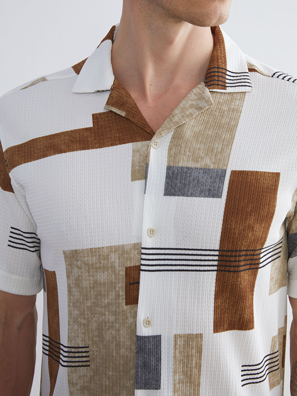 Bej Regular Fit Kısa Kollu Desenli Viskon Erkek Gömlek-2