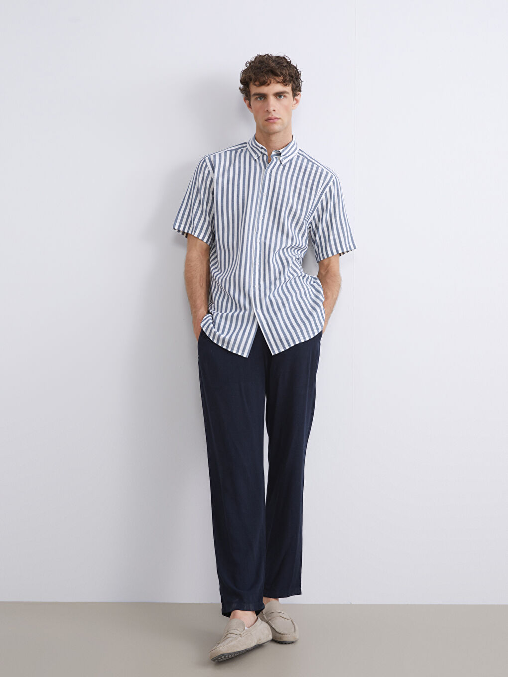Lacivert Regular Fit Kısa Kollu Çizgili Erkek Gömlek-1