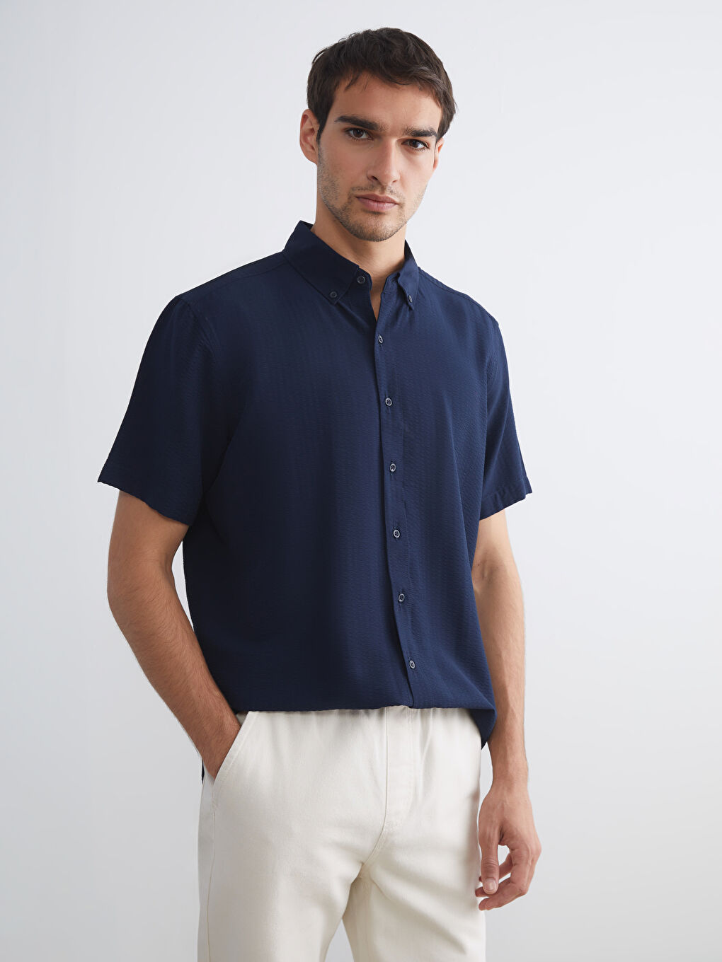 Lacivert Regular Fit Kısa Kollu Erkek Gömlek