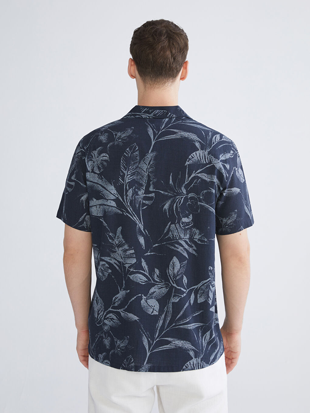 Lacivert Regular Fit Resort Yaka Kısa Kollu Desenli Poplin Erkek Gömlek-3