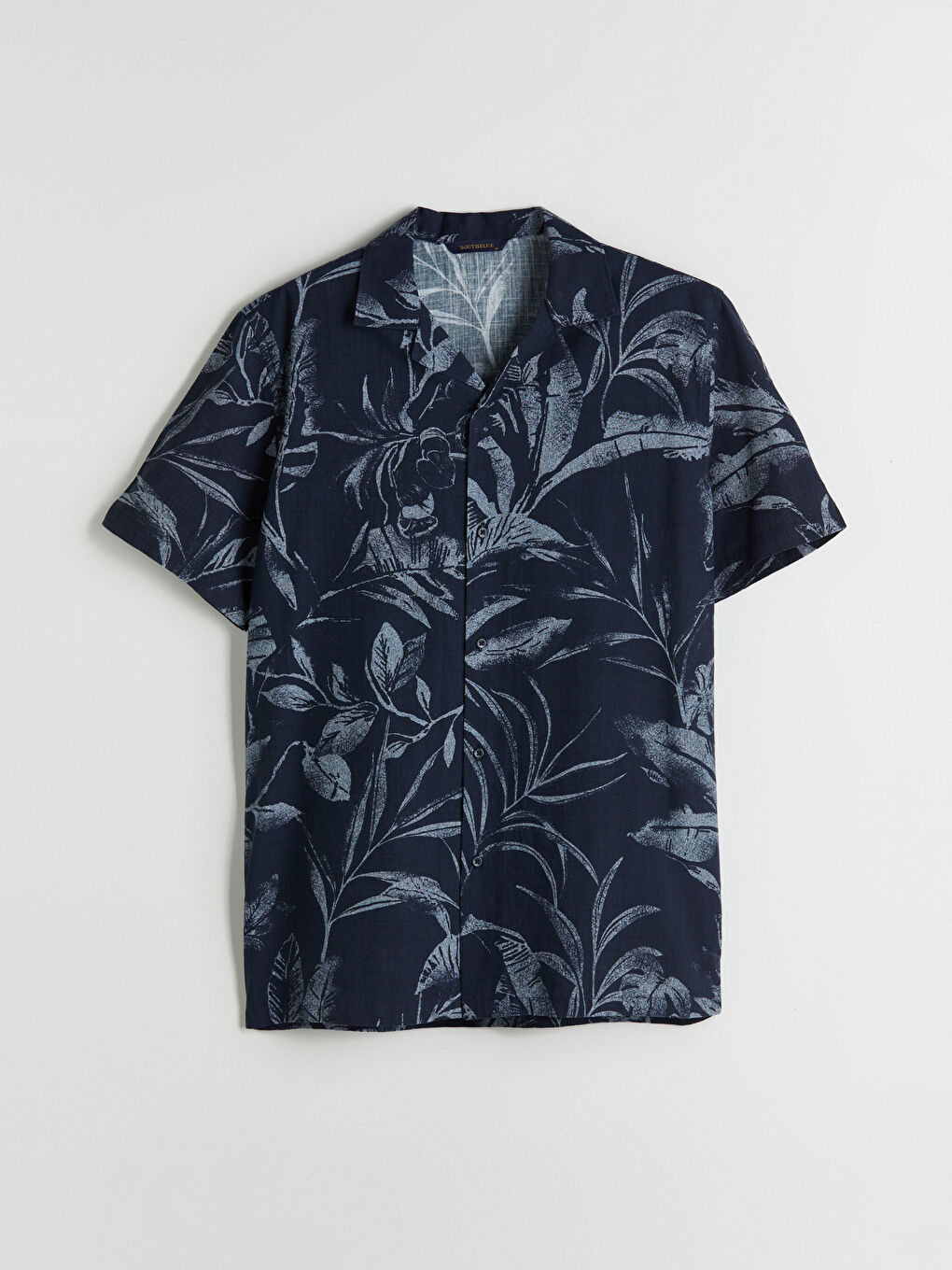 Lacivert Regular Fit Resort Yaka Kısa Kollu Desenli Poplin Erkek Gömlek-4