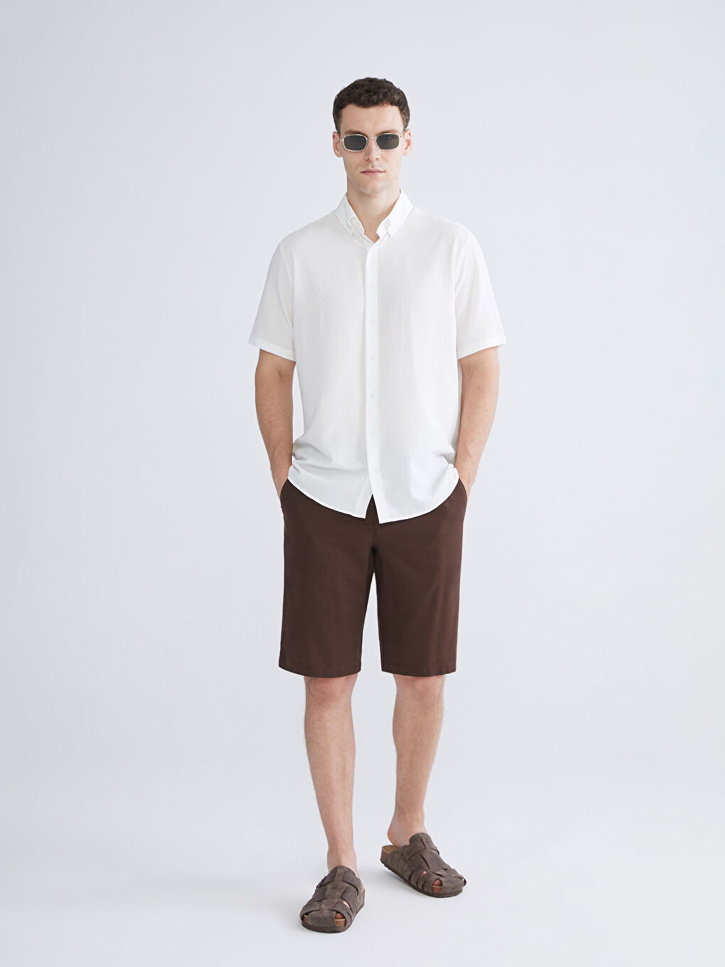 Ekru Regular Fit Kısa Kollu Erkek Gömlek-1