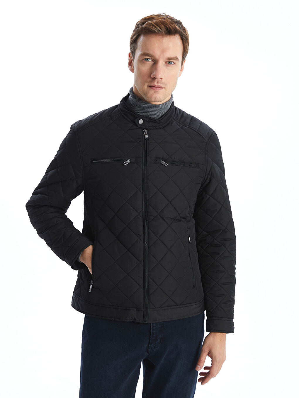 Редовен фит байкър яка шушляково палто за мъже