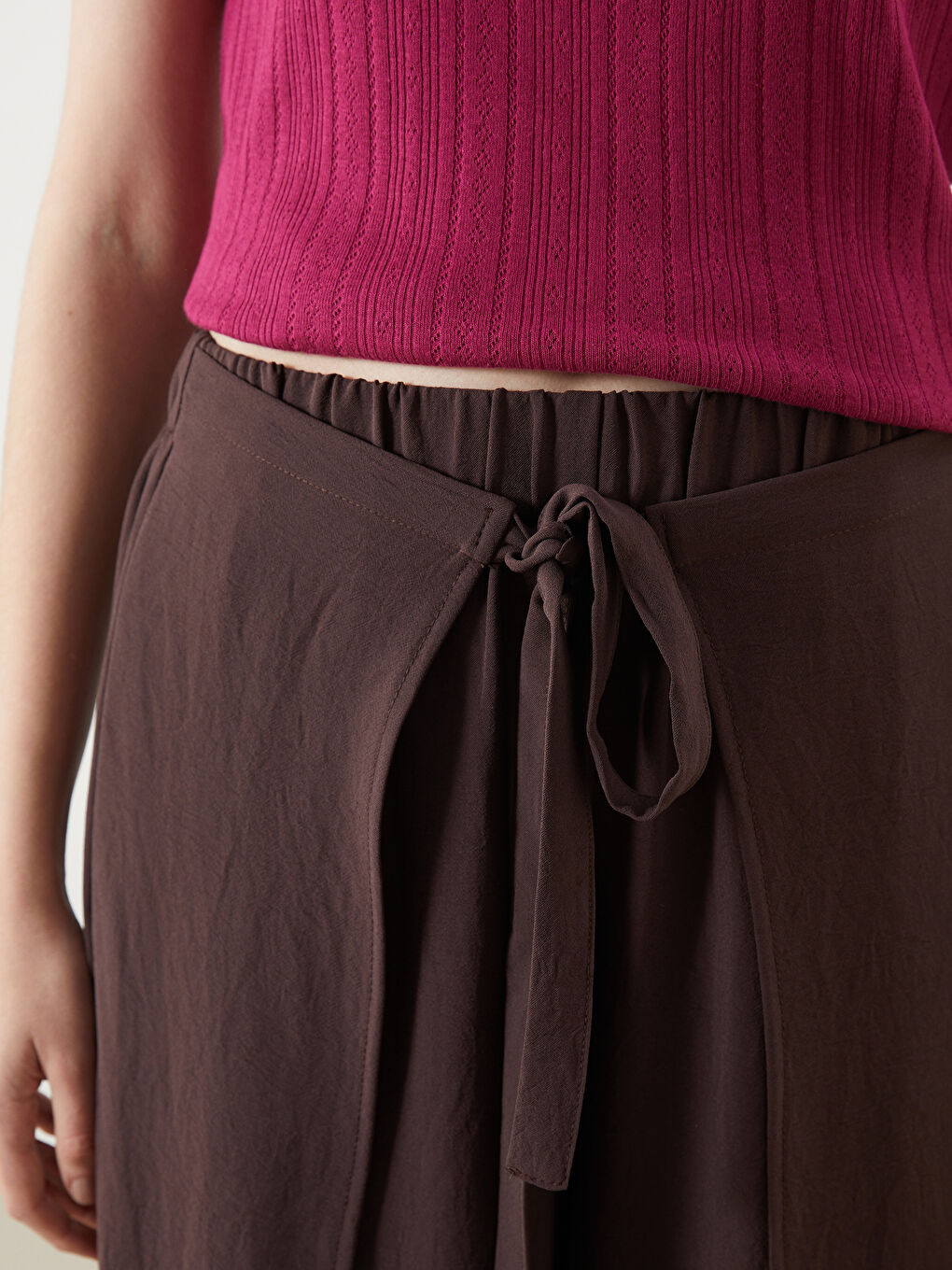 Kahverengi Beli Lastikli Geniş Paça Kadın Pantolon-2