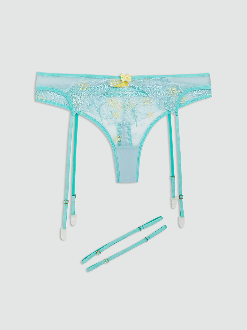 Turkuaz Dantelli Tanga Külot ve Jartiyer Kemeri