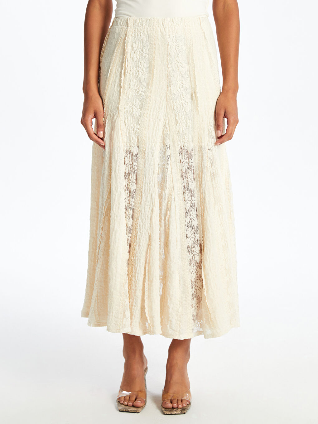 Ekru Beli Lastikli Dantelli Pileli Etek-1
