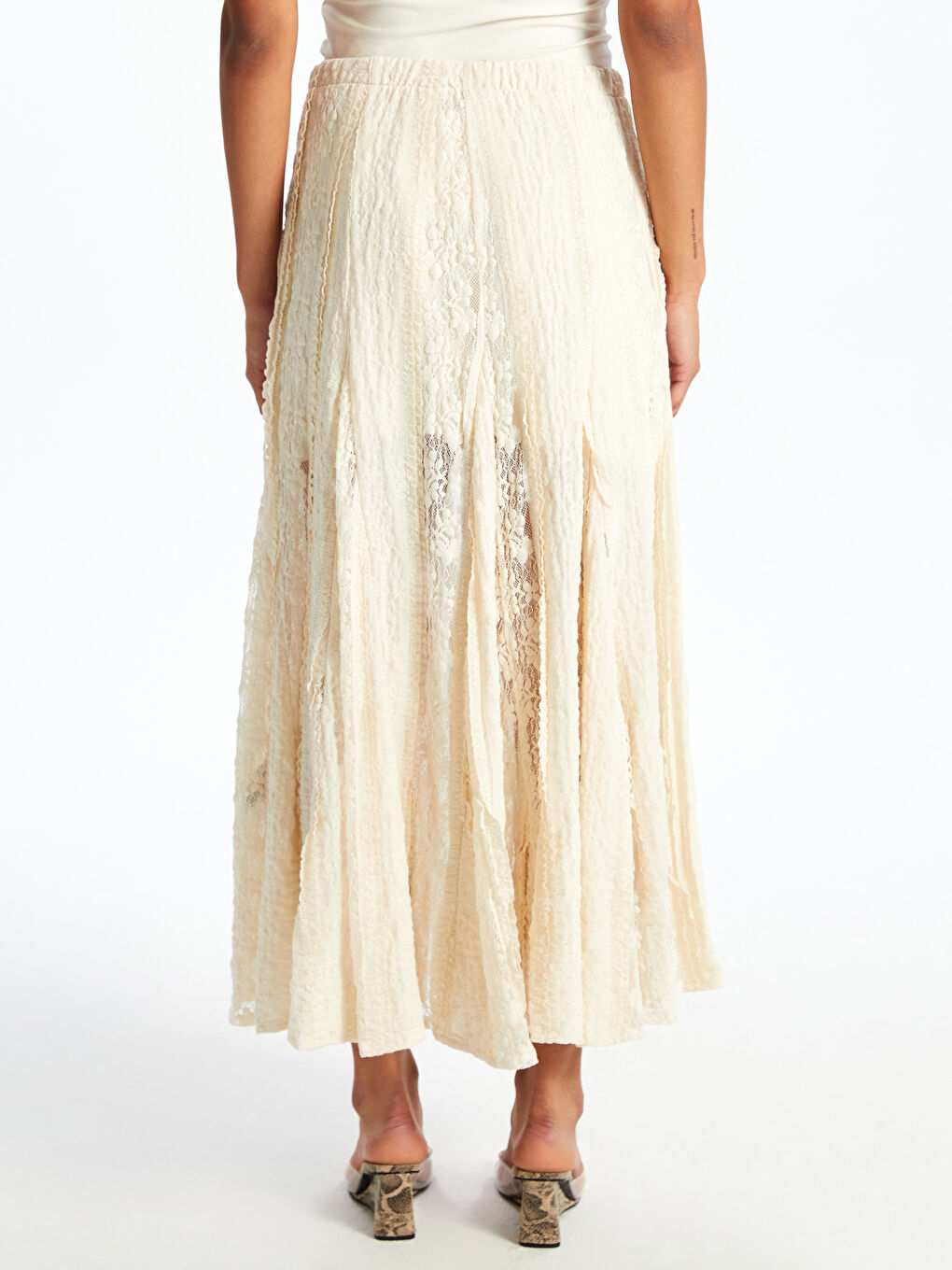 Ekru Beli Lastikli Dantelli Pileli Etek-3