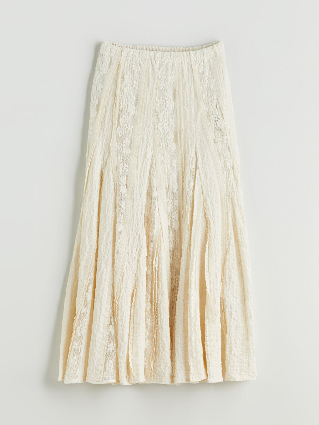 Ekru Beli Lastikli Dantelli Pileli Etek-4